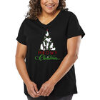 Camiseta De Talla Grande Cuello En V Word Art Para Mujer - &Aacute;rbol Navide&ntilde;o Meow- Negro