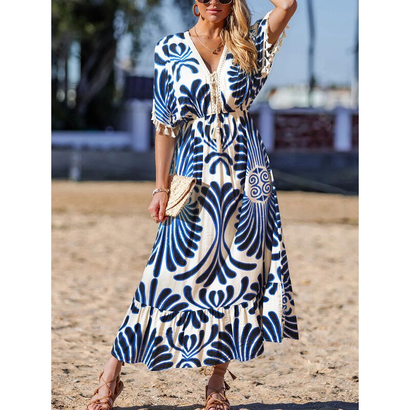 Vestido Maxi Cupshe Azul con Escote en V, Manga... image number null