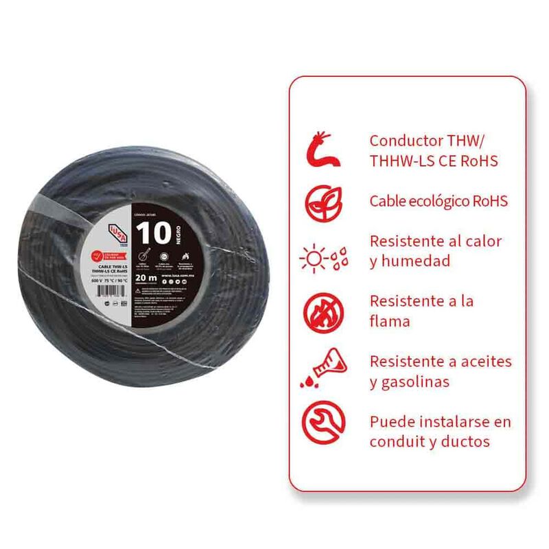 Cable Thhw-ls Rohs Calibre 10 Awg Negro 20m image number null