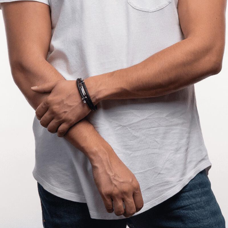 Pulseras Hombre, Brazaletes Cuero Y Acero Inoxi... image number null