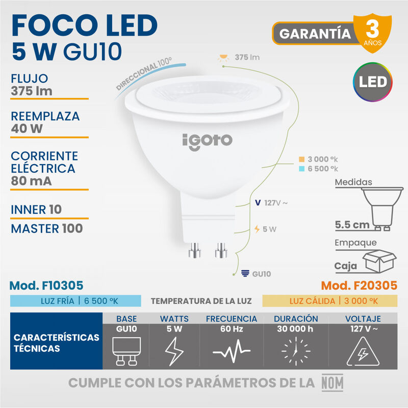 Paquete de 10 piezas Foco Led Dicroica Gu10 5w ... image number null