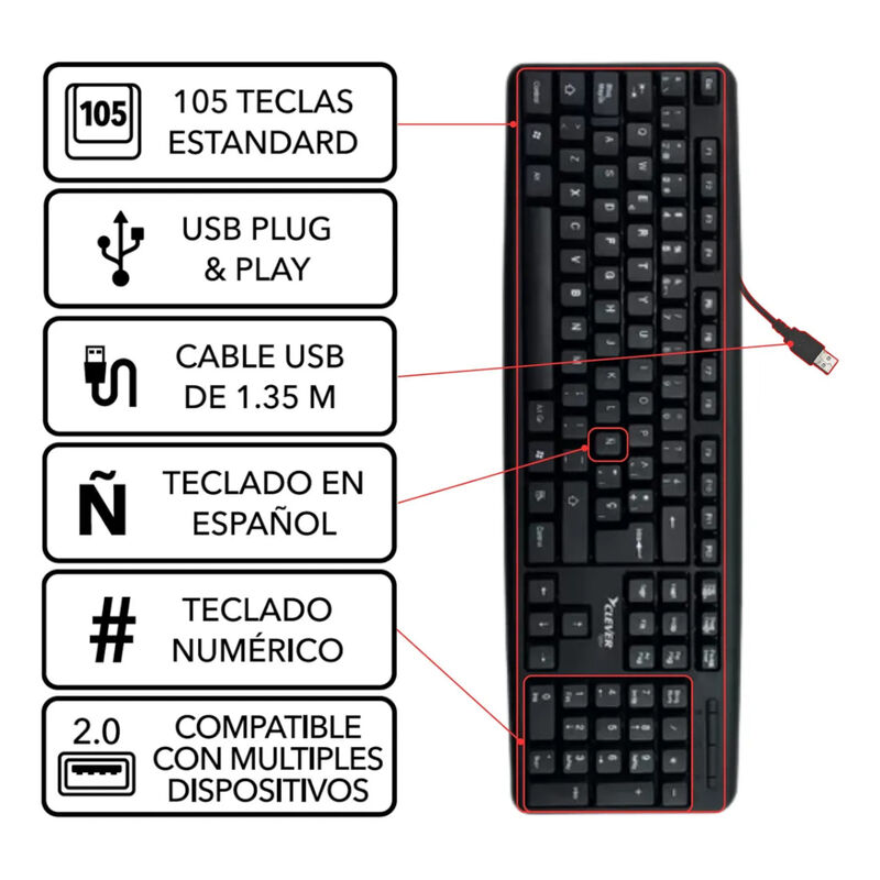 Teclado Alámbrico Clever Office Cf-KBU400 USB N... image number null