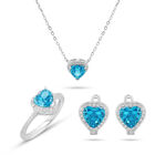 Juego De Anillo Arracadas Y Gargantilla De Corazon Plata Blanca 925 Con Zirconias Blancas Y Azules