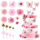 Adorno Para Pastel Cyodoos 38 Piezas Floral Con Mariposas Doradas Y Rosa