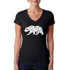 Camiseta De Cuello En V Word Art Para Mujer - Oso de California- Negro