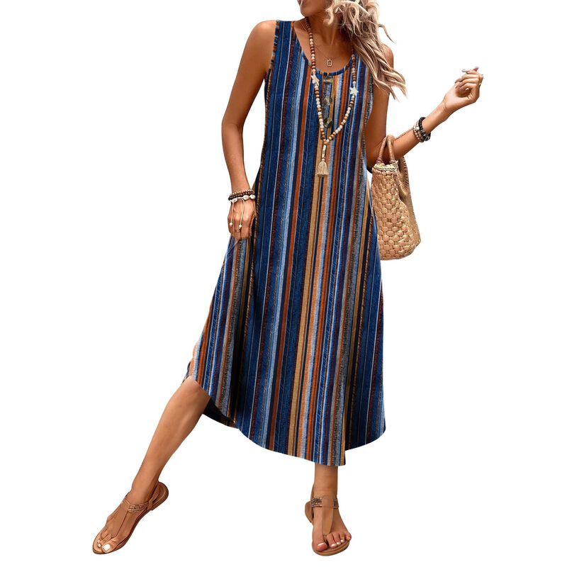 Vestido Wiholl Cuello Redondo Midi Rayas Azules image number null