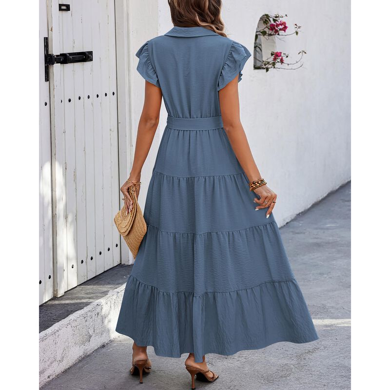 Vestido Dowerme Maxi con Volantes, Gris/Azul, T... image number null