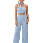 Conjunto 2 Piezas, Crop Top Y Pantal&oacute;n Plisado De Corte Relajado Conj-0243 Azul Claro Conjunto Glamour Casual Para Mujer