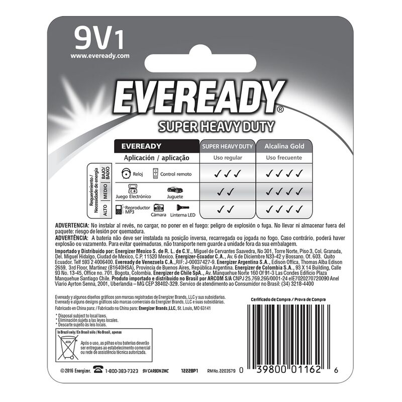 Pila Eveready Carbon Zinc 9v Blister 12 Unidade... image number null