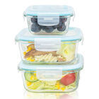 Set de 3 recipientes cuadrados de vidrio con tapa herm&eacute;tica de pl&aacute;stico y v&aacute;lvula (350, 520, 800 ml)