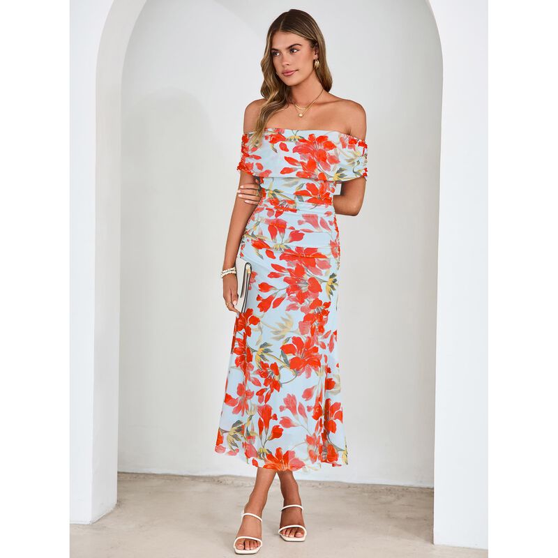 Vestido Simplee Floral Hombro Descubierto Azul ... image number null