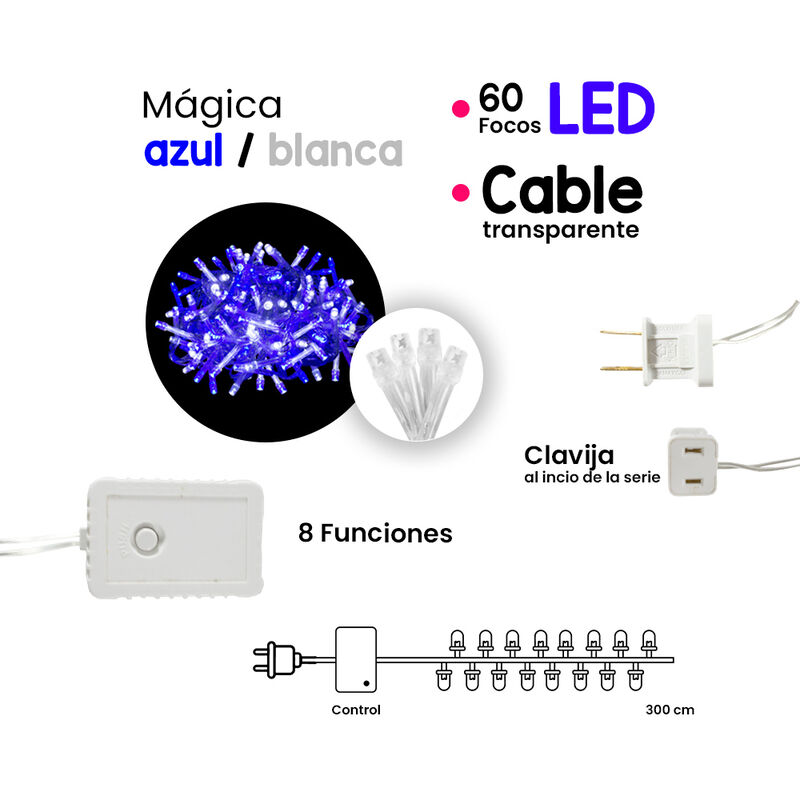 Tira Decorativa Luz Led Azul/Blanco 60 Focos 8 ... image number null