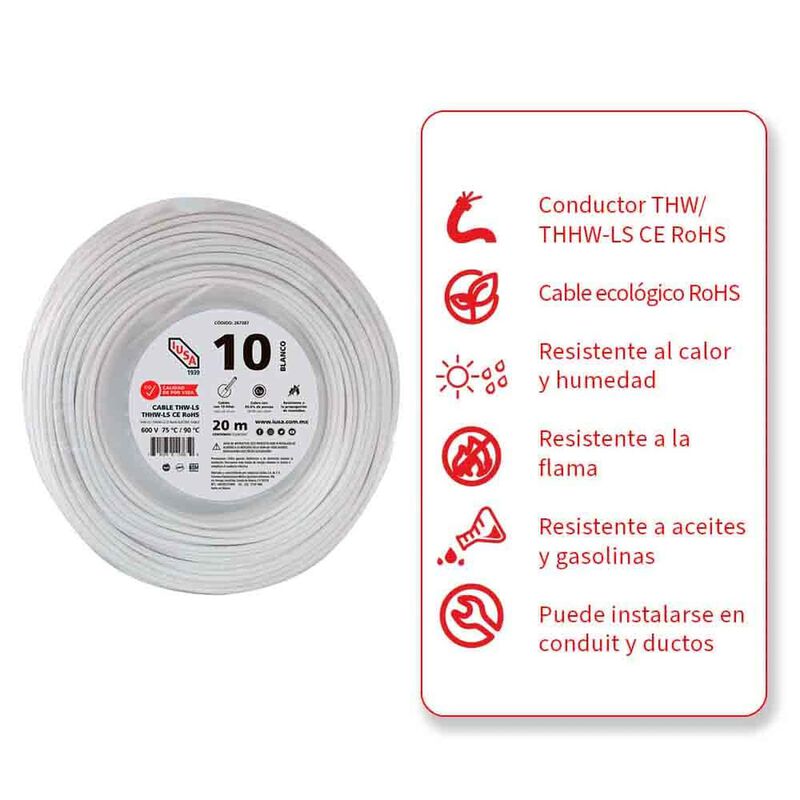 Cable Thhw-ls Rohs Calibre 10 Awg Blanco 20m image number null