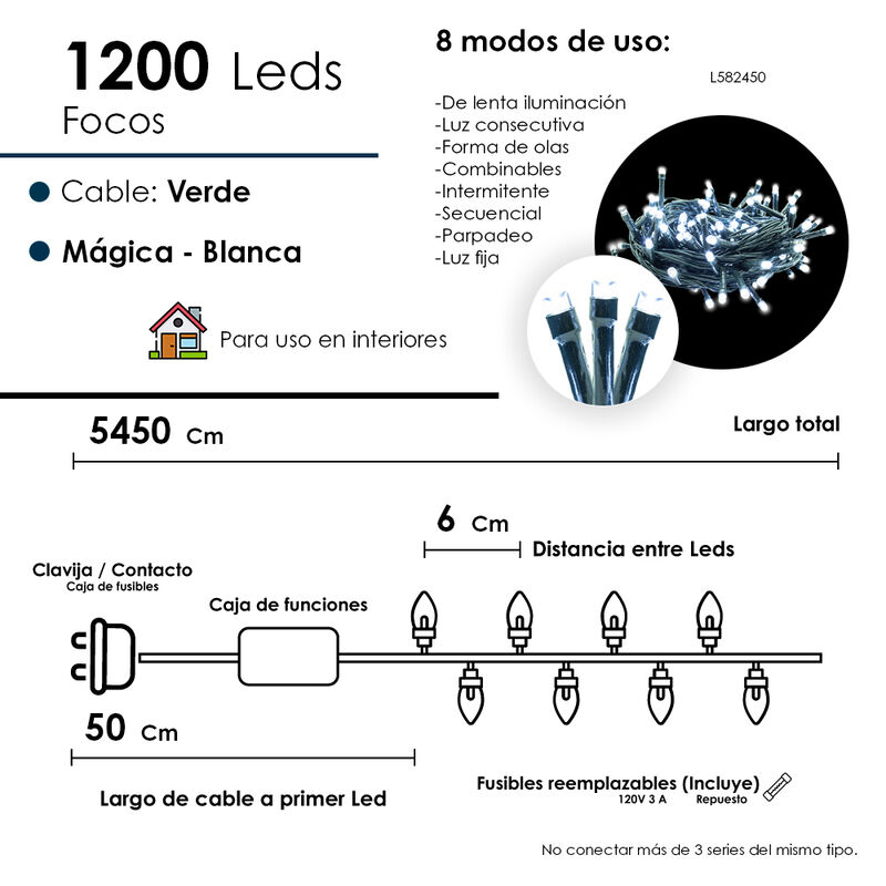 Serie Luces LED Blanca 1200 focos cable Verde 8... image number null