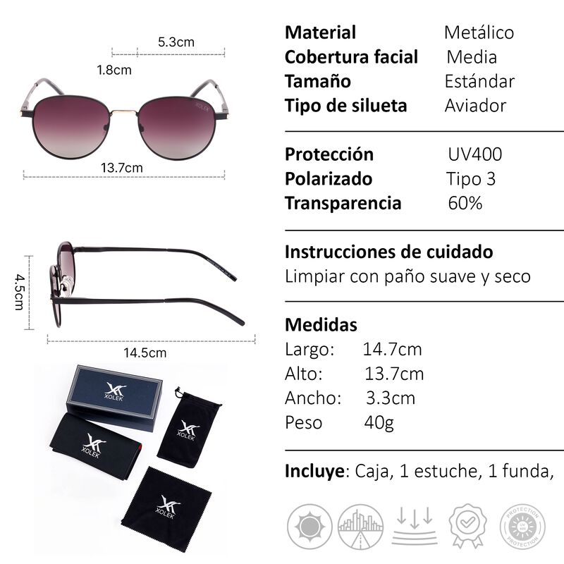 Lentes De Sol Xolek 135 Aviador Met&aacute;lico Uv Pol... image number null