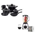 Combo Bateria Paris 9 Piezas Negra + Licuadora Lar / Fussion Vaso Vidrio 1.5L END