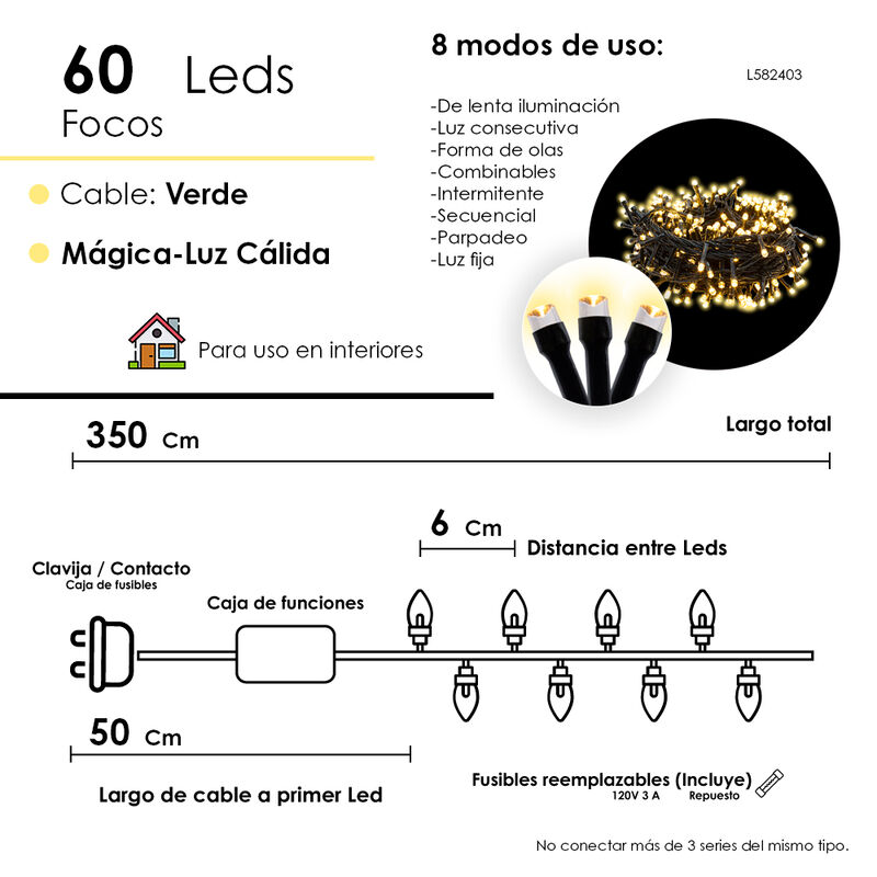 Serie Musical Luces Cálida 60 Led Cálida Cable ... image number null