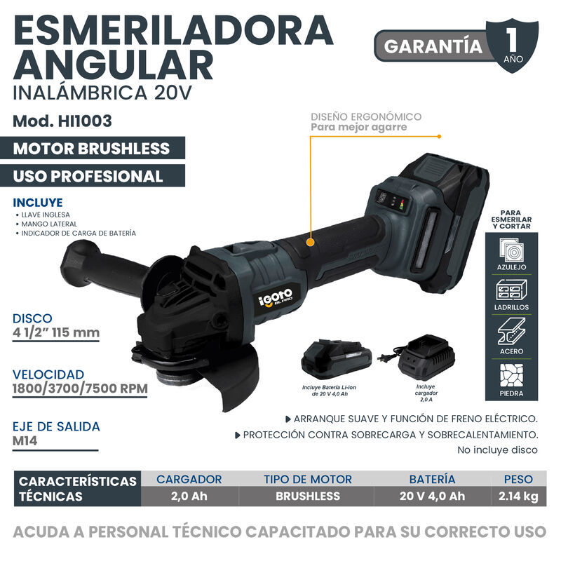 Esmeriladora Angular IGOTO Brushless Inalambric... image number null