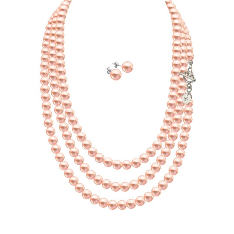 Collar y aretes Perlas de cristal triple con pl... image number null