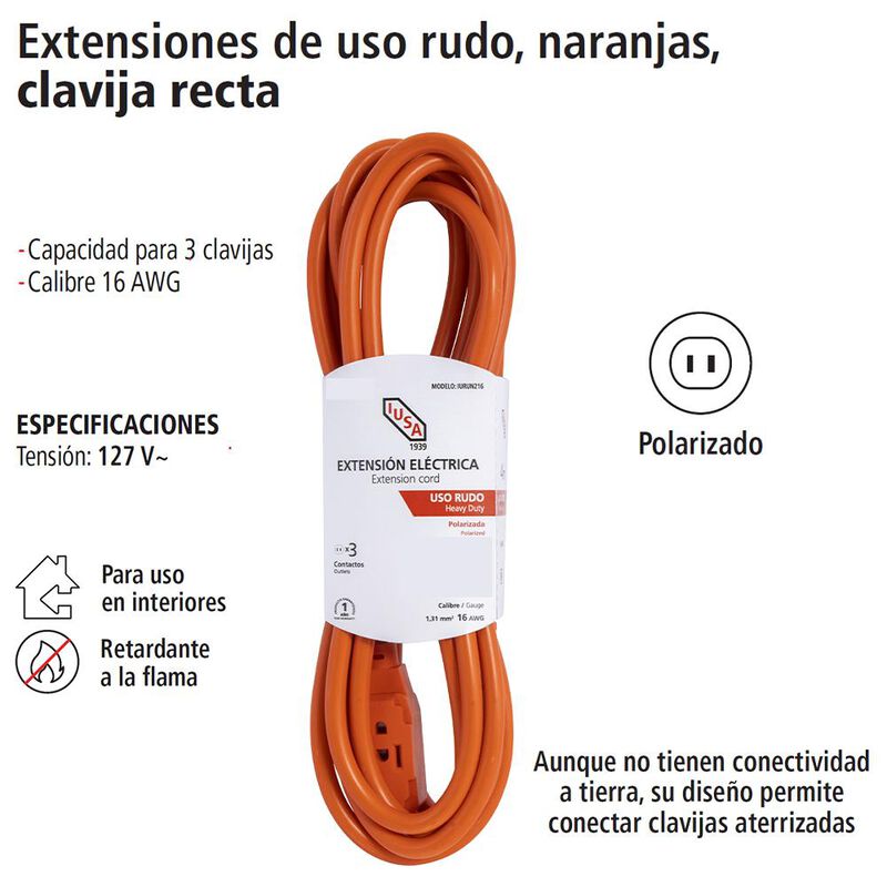 Extensión de Uso Rudo Naranja Clavija Recta 8m ... image number null