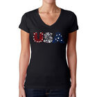 Camiseta De Cuello En V Word Art Para Mujer - Fuegos Artificiales USA- Negro