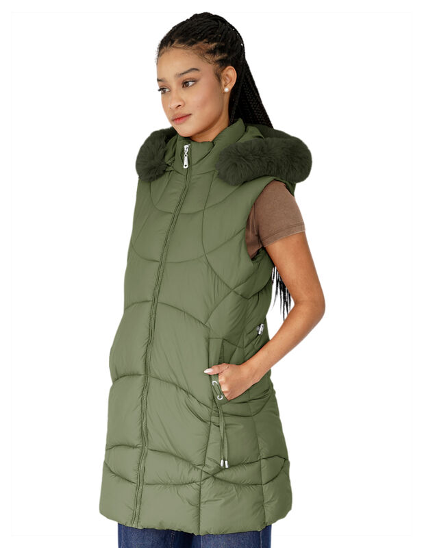 Chaleco Largo Mujer Acolchado Con Capucha Y Pel... image number null