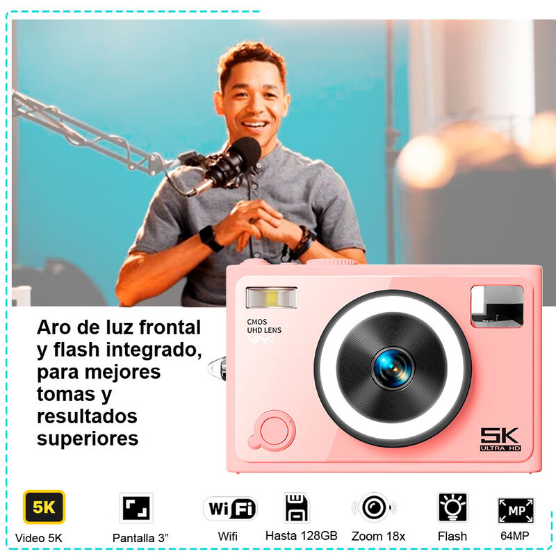 Cámara digital VAK F3L 5k Selfie-cam aro luz wi... image number null