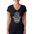 Camiseta De Cuello En V Word Art Para Mujer - Hamsa- Negro
