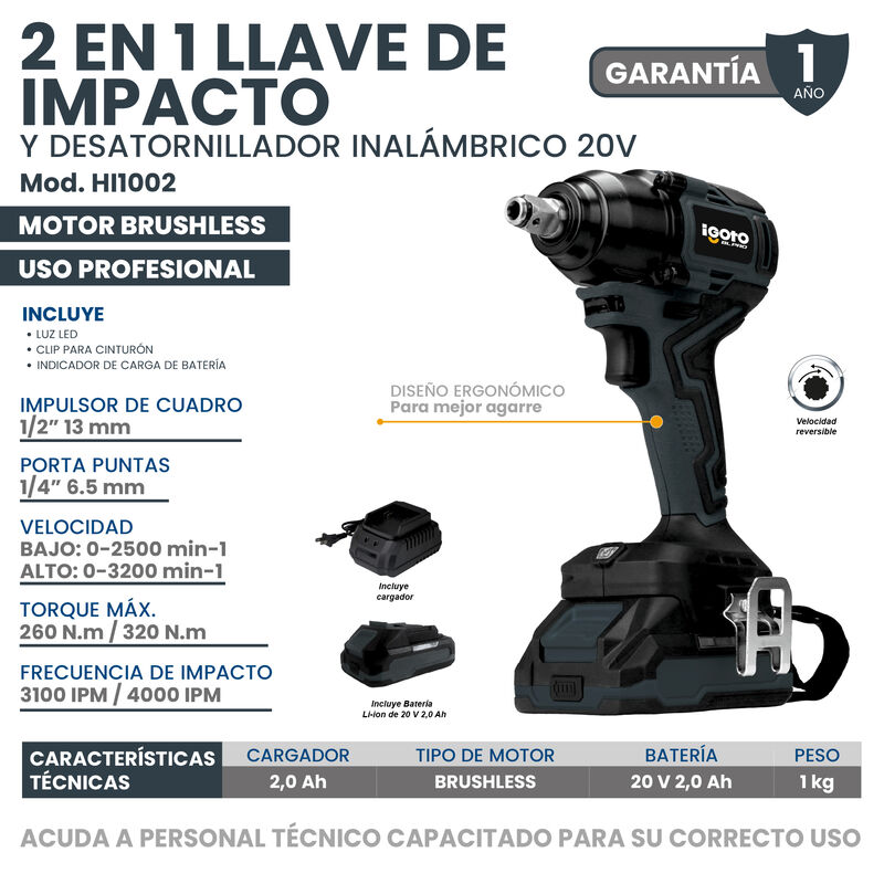 2 en 1 Llave de Impacto IGOTO Brushless  y Desa... image number null