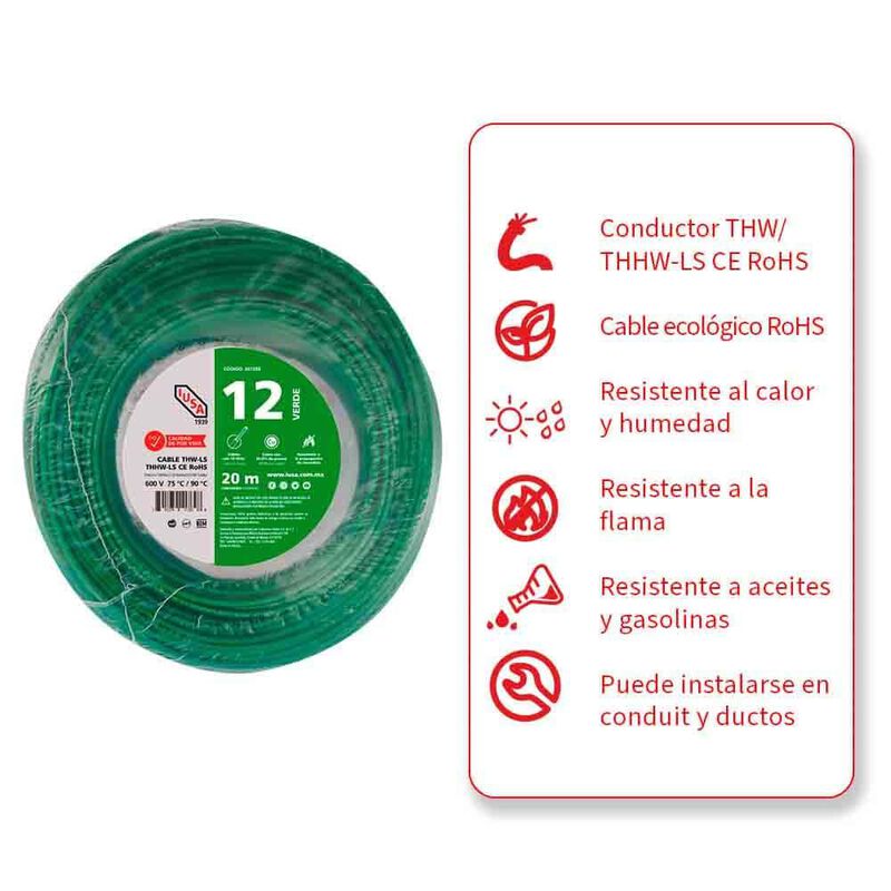 Cable Thhw-ls Rohs Calibre 12 Awg Verde 20m image number null