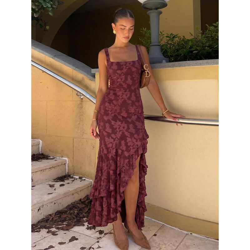 Vestido Largo Elegante Con Fruncido Y Flores Pa... image number null