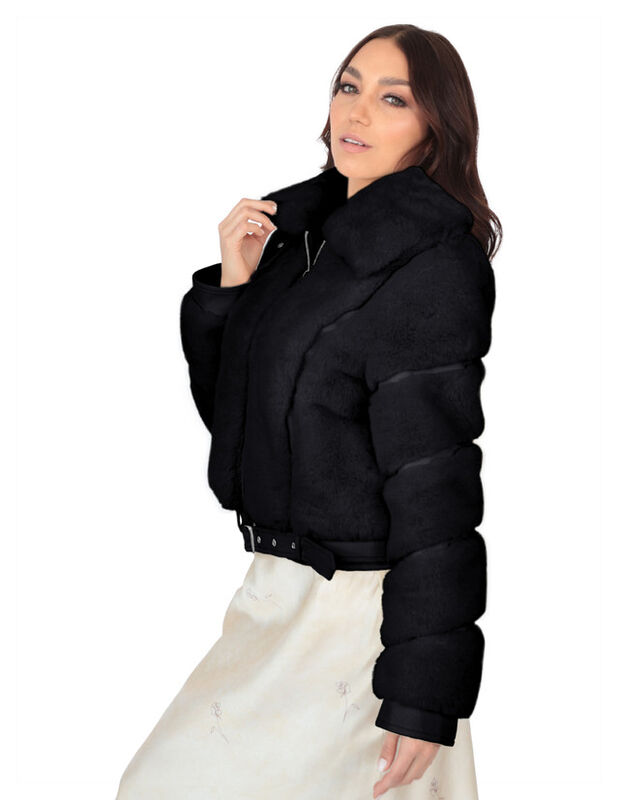 Chamarra Corta Peluche Cinturon Ajustable Negro... image number null