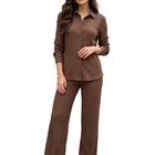 Conjunto 2 Piezas, Camisa De Manga Larga Y Pantal&oacute;n Palazzo Conj-0241 Caf&eacute; Oscuro Estilo Sofisticado Y Elegante Para Mujer