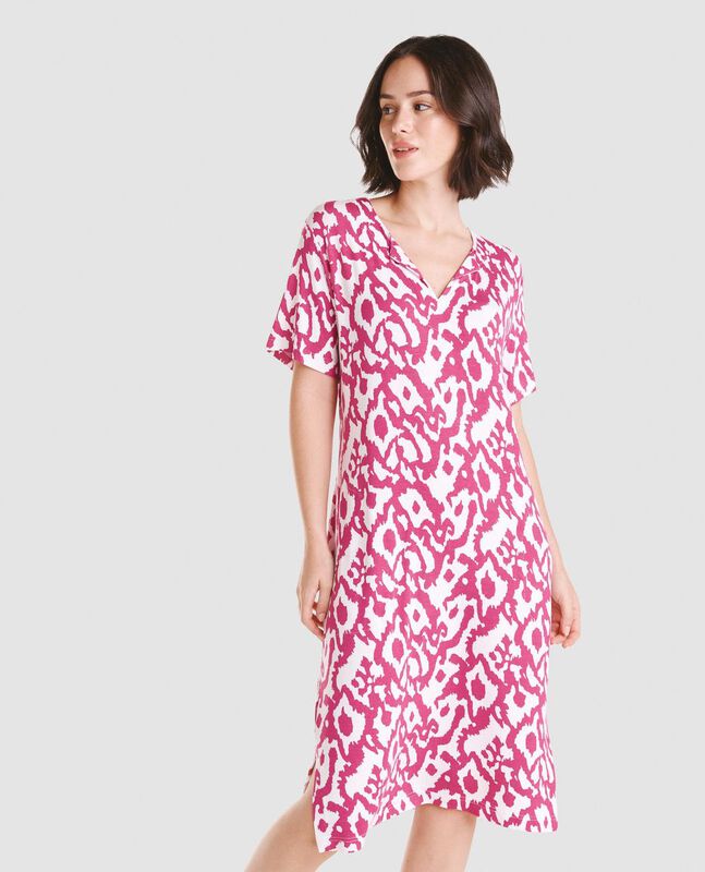 Vestido Corto Estampado con Botones Fucsia image number null