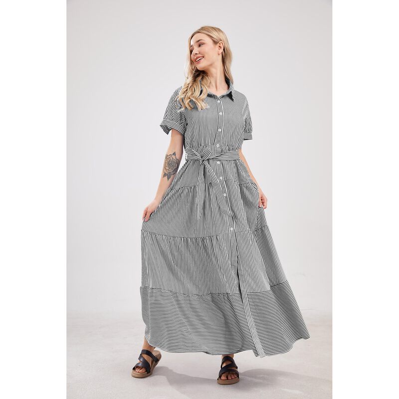 Vestido Utcoco Mediano Negro Rayas Botones Cint... image number null