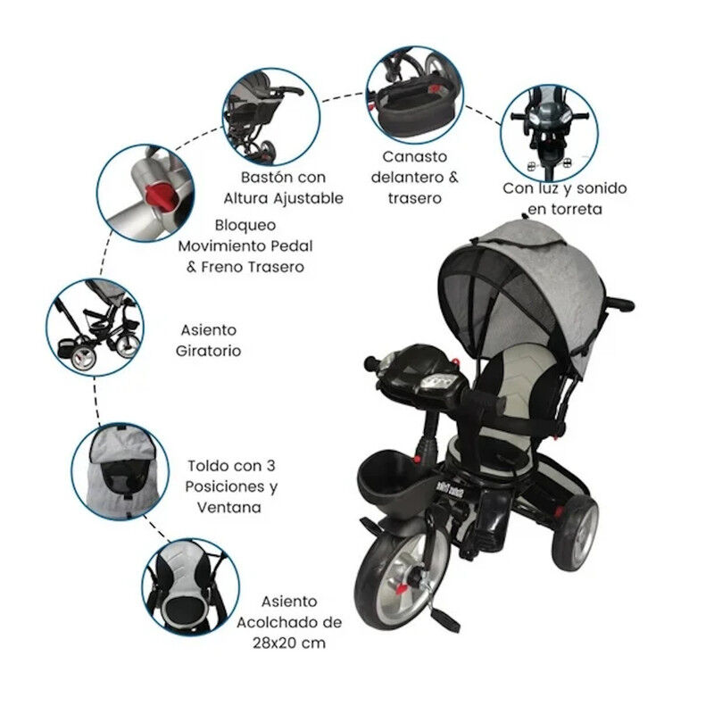 Triciclo Para Ni&ntilde;os Gris 7en1 Con Asiento Girat... image number null