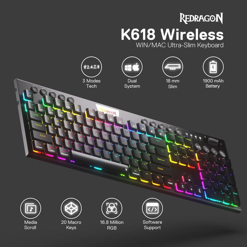 Teclado Redragon K618 Pro Inal&aacute;mbrico Rgb Mec&aacute;n... image number null