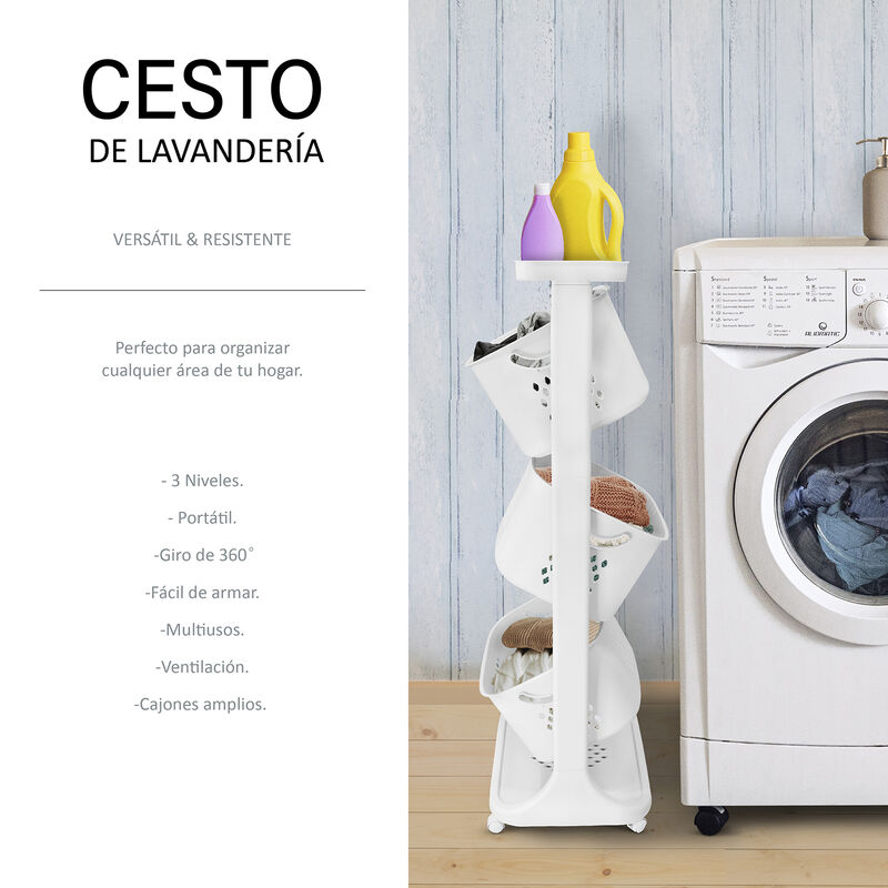 Cesto para Ropa de 3 Niveles Plástico con Rueda... image number null
