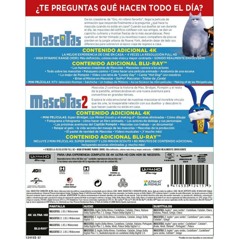 Paquete: Mascotas 1 Y 2 (4k Ultra Hd + Bd) [blu... image number null