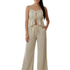 Conjunto 2 Piezas Rayado Top Peplum Con Tirantes Y Pantal&oacute;n Palazzo Conj-0204 Beige Set Elegante Casual De Tela Ligera  Para Mujer