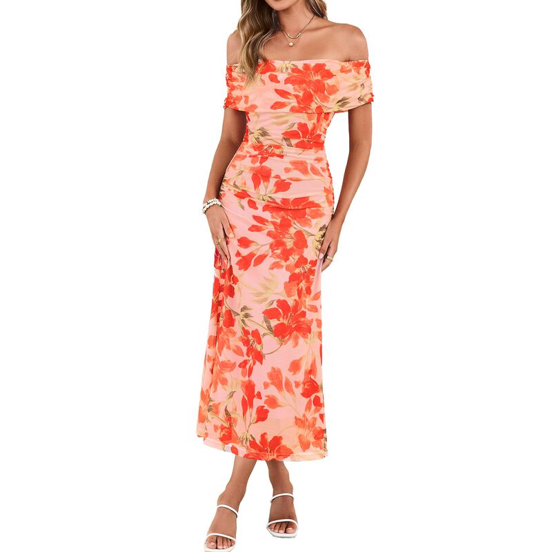 Vestido Simplee Floral Sin Hombros Naranja Tall... image number null