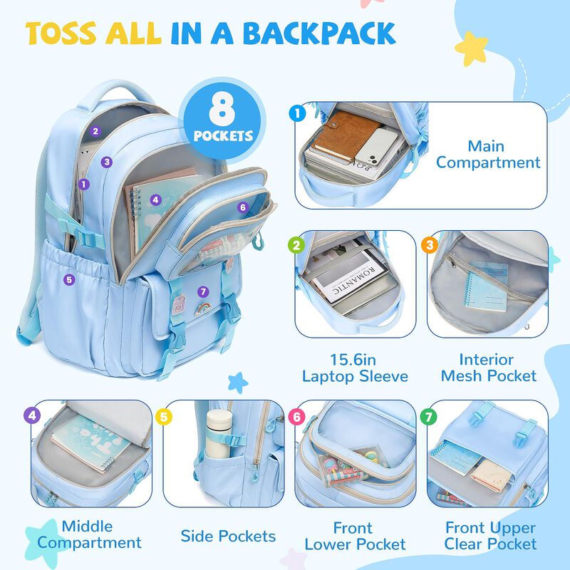 Mochila Qixihu Para Ni&ntilde;as 6‑12 A&ntilde;os Azul Kawaii image number null