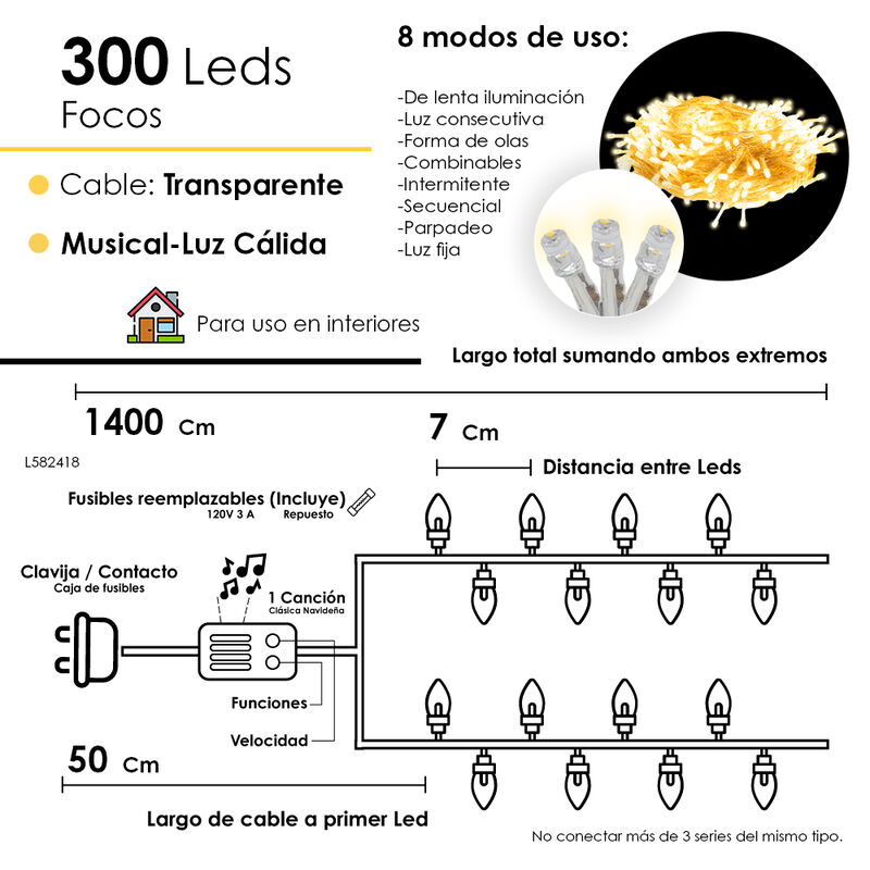 Serie  Musical LED C&aacute;lida 300 focos Cable Trans... image number null