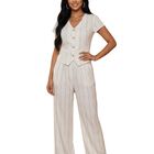 Conjunto 2 Piezas A Rayas Malabis Conj-0168 Cafe Claro Pantalon Amplio Mas Blusa Manga Corta