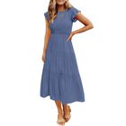 Vestido Midi Zesica Azul Polvo Talla Media Con Cintura Fruncida Y Capas