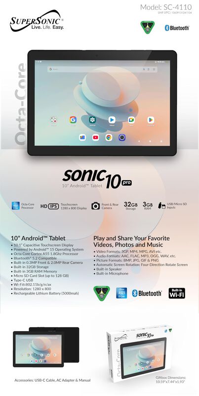 Tablet Supersonic Sonic10pro 10" Android 15 32g... image number null