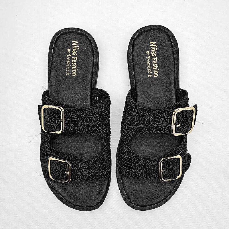 Ni&ntilde;as Fashion sandalia piso para mujer negro co... image number null