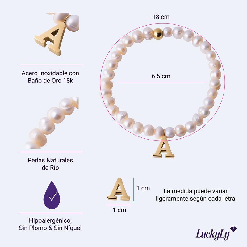 Pulseras Mujer Perlas Inicial Letra Oro 18k, Re... image number null