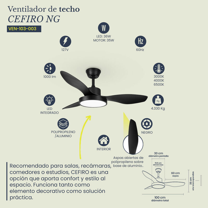 Ventilador de Techo MIL LUCES C&Eacute;FIRO Negro Mate... image number null