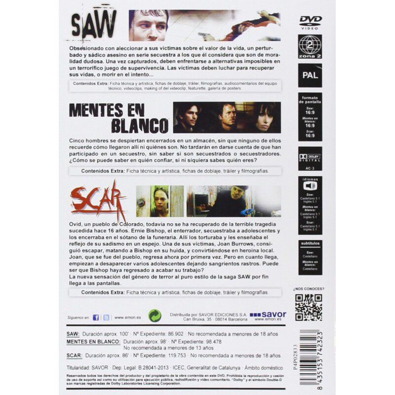 Paquete: Mentes en blanco + Saw 1 + Scar [DVD] image number null